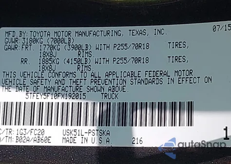 2015 Toyota Tundra Sr5 5.7L V8 z USA, uszkodzony, nr VIN 5TFEY5F10FX192015